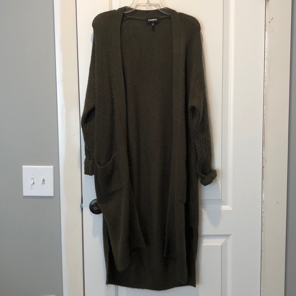 Express long olive green cardigan